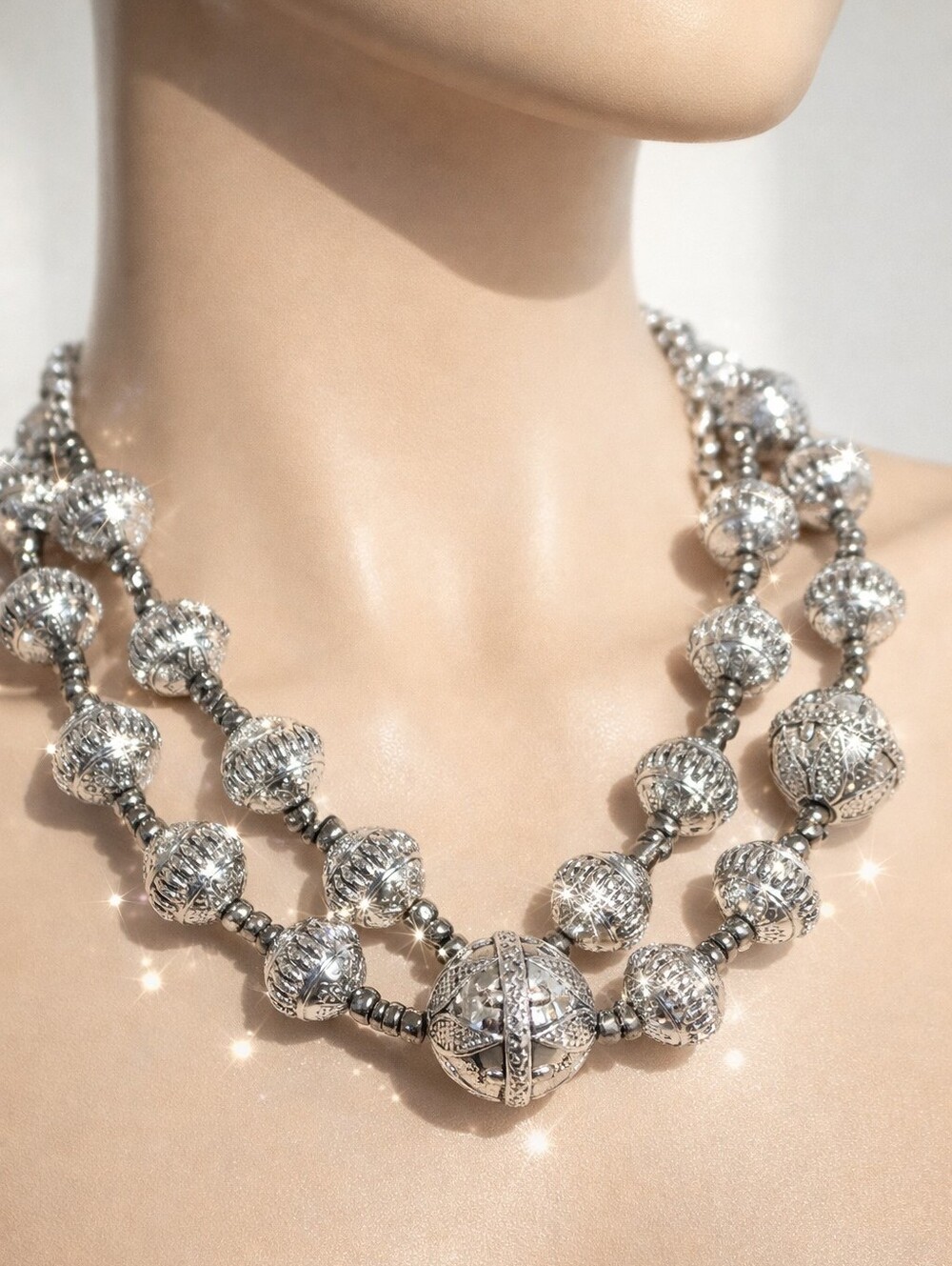 Silver Beaded Multi-Strand Statement Necklace – Textured Women’s Fashion Jewelry